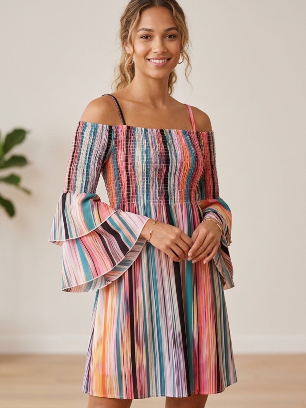 Molly Bracken Off-Shoulder Multicolor Striped Bell-Sleeve Dress with ruching